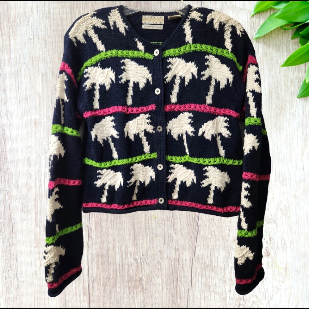 VTG Women's Sigrid Olsen Sport Knitted by Hand Palm Tree Cardigan Sweater Medium